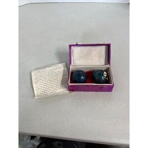 Vintage Baoding Iron Ball Panda Chime Meditation Balls Teal Silk Brocade Box